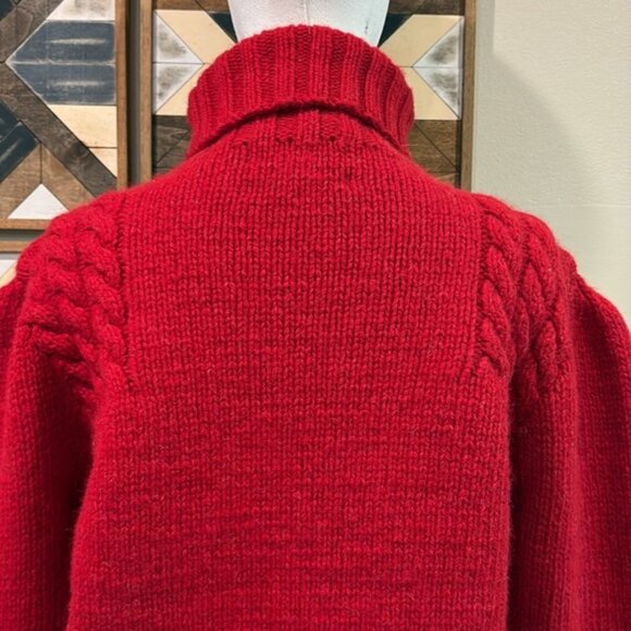 Vintage Ralph Lauren Hand Knit Wool Puff Sleeve Turtleneck Sweater Red Large - Picture 6 of 11